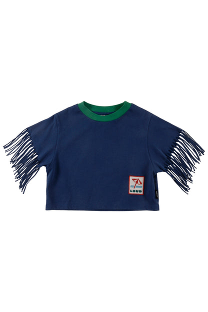 SOLARO - Navy Washed T-Shirt Cropped Fringes Sleeves (SAMPLE)