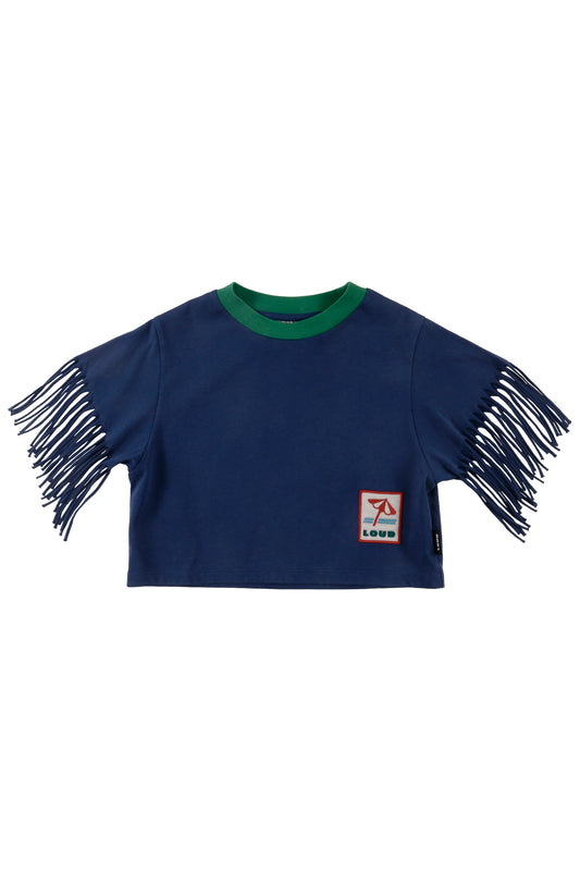 SOLARO - Navy Washed T-Shirt Cropped Fringes Sleeves (SAMPLE)