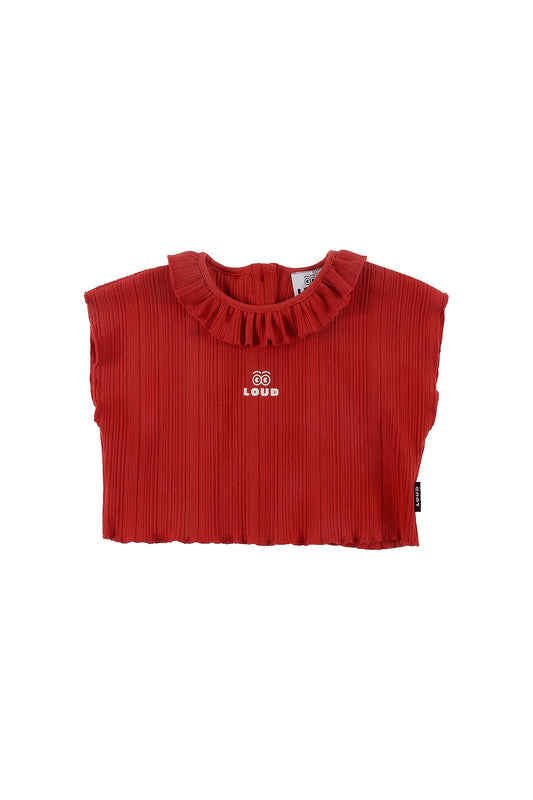 GROTTELLE - Red Crop Top Loose Fit Ruffle Neck