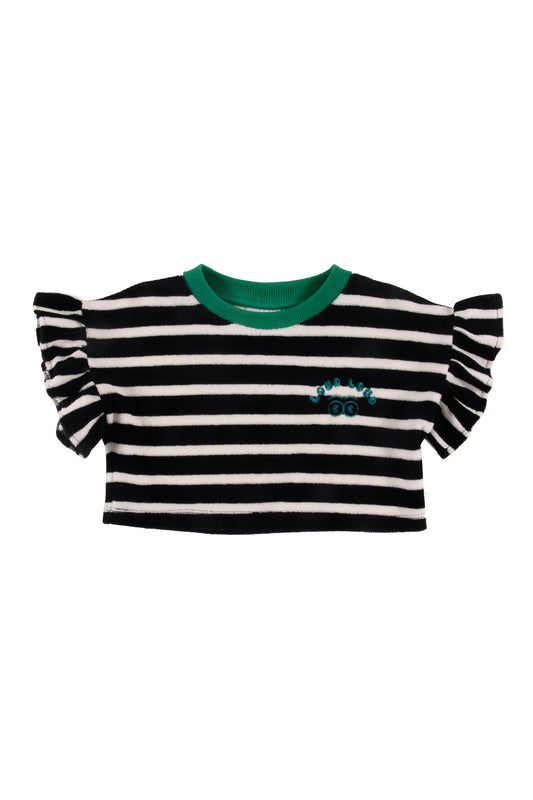 FRAPPE' - Anthracite Stripe Crop Top Loose Fit Ruffle Armhole (SAMPLE)