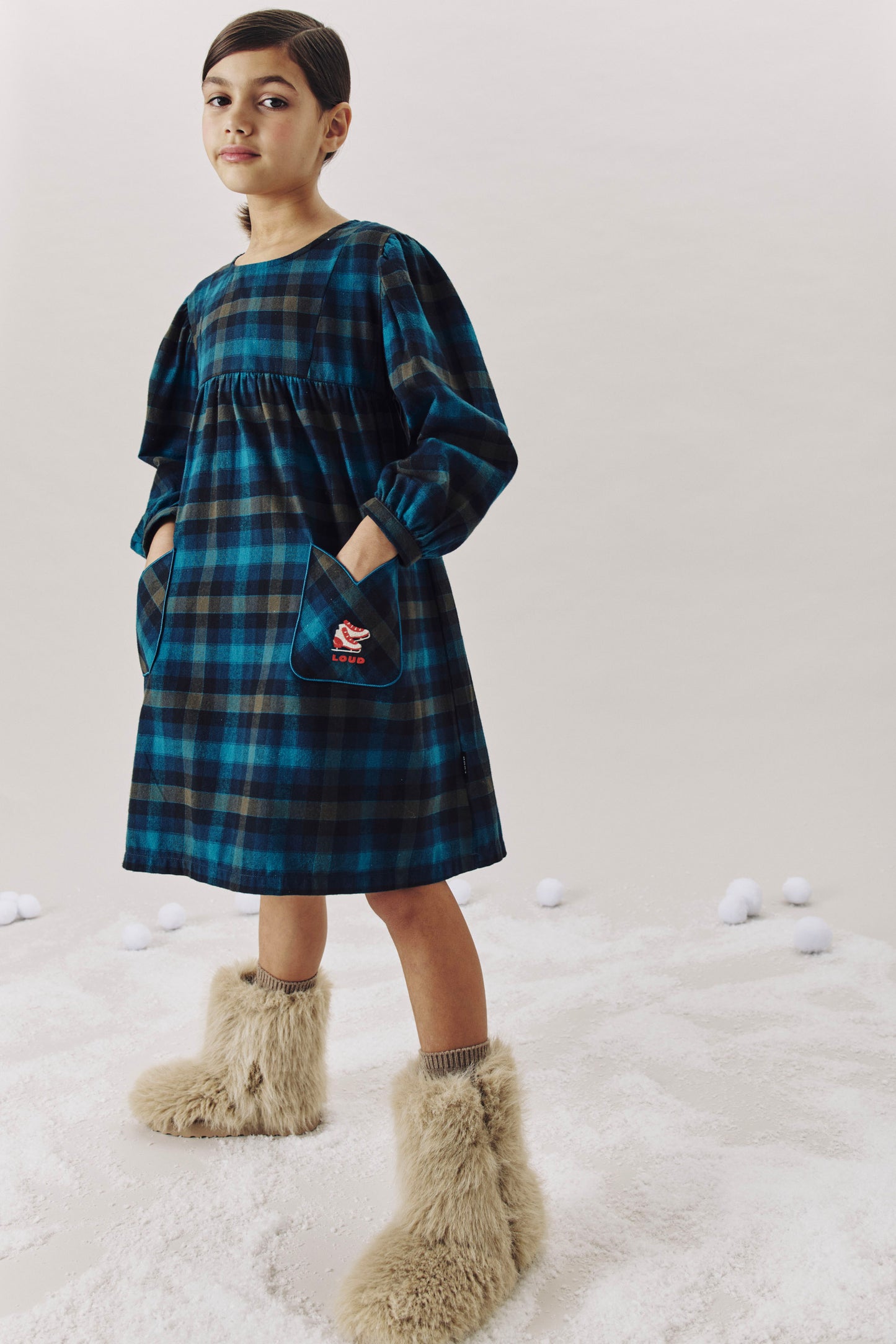 HUT - CHECK DRESS puff sleeve tulip pockets, Ice Skate embroidery logo