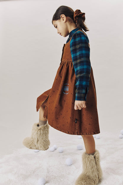 FAST - CHOCO POLKADOT DRESS Straps relaxed fit, buttoned front, circle LOUD eyes logo print