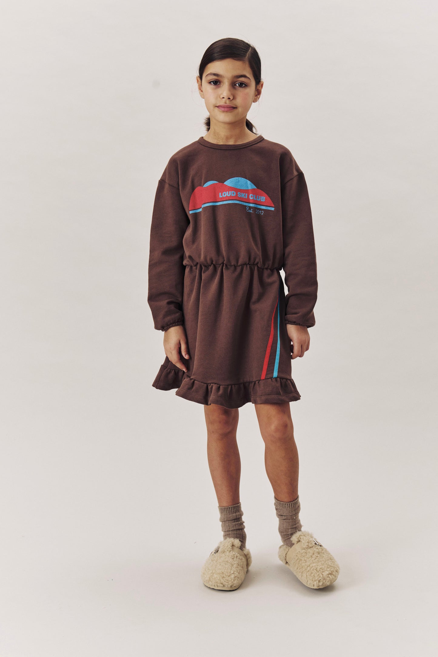 PISTE - FONDUE FUDGE DRESS elastic waist, 2 tone stripe cotton tape, MOUNTAIN print