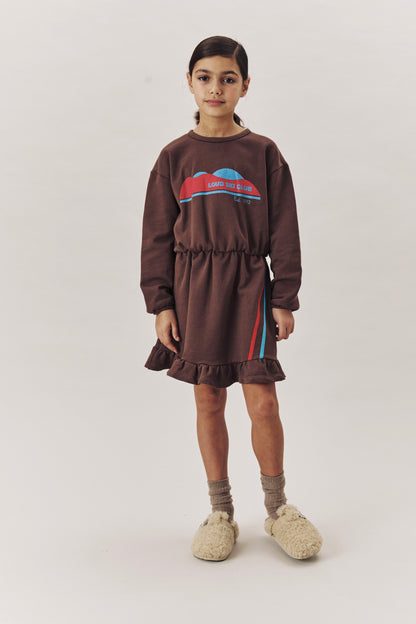 PISTE - FONDUE FUDGE DRESS elastic waist, 2 tone stripe cotton tape, MOUNTAIN print
