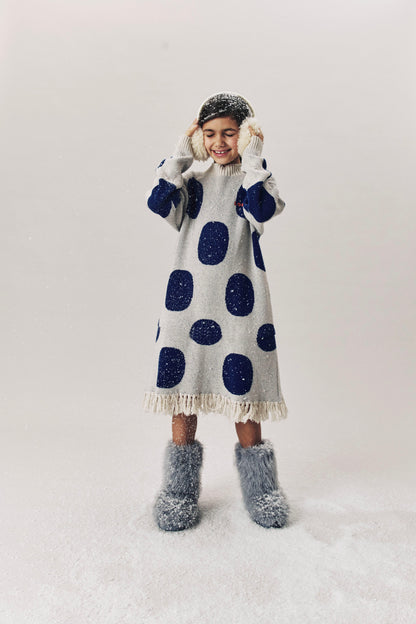 FRESH - POLKADOTS JAQUARD DRESS relaxed fit, fringes bottom