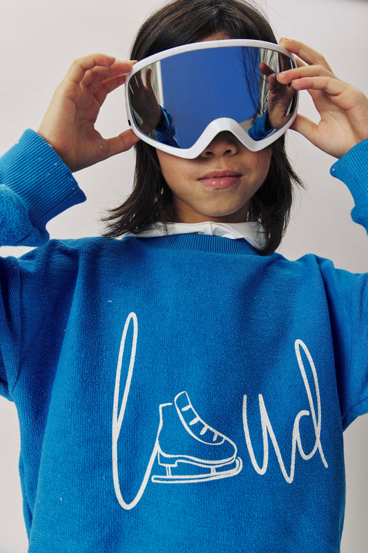 HIGH - MALIBU BLUE SWEATER relaxed fit drop shoulder, contrast stripe sleeve LOUD SKATE print