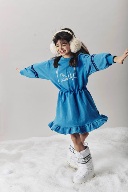 APRES -  MALIBU BLUE DRESS elastic waist Ruffle bottom Contrast stripe sleeve, LOUD SKATE print