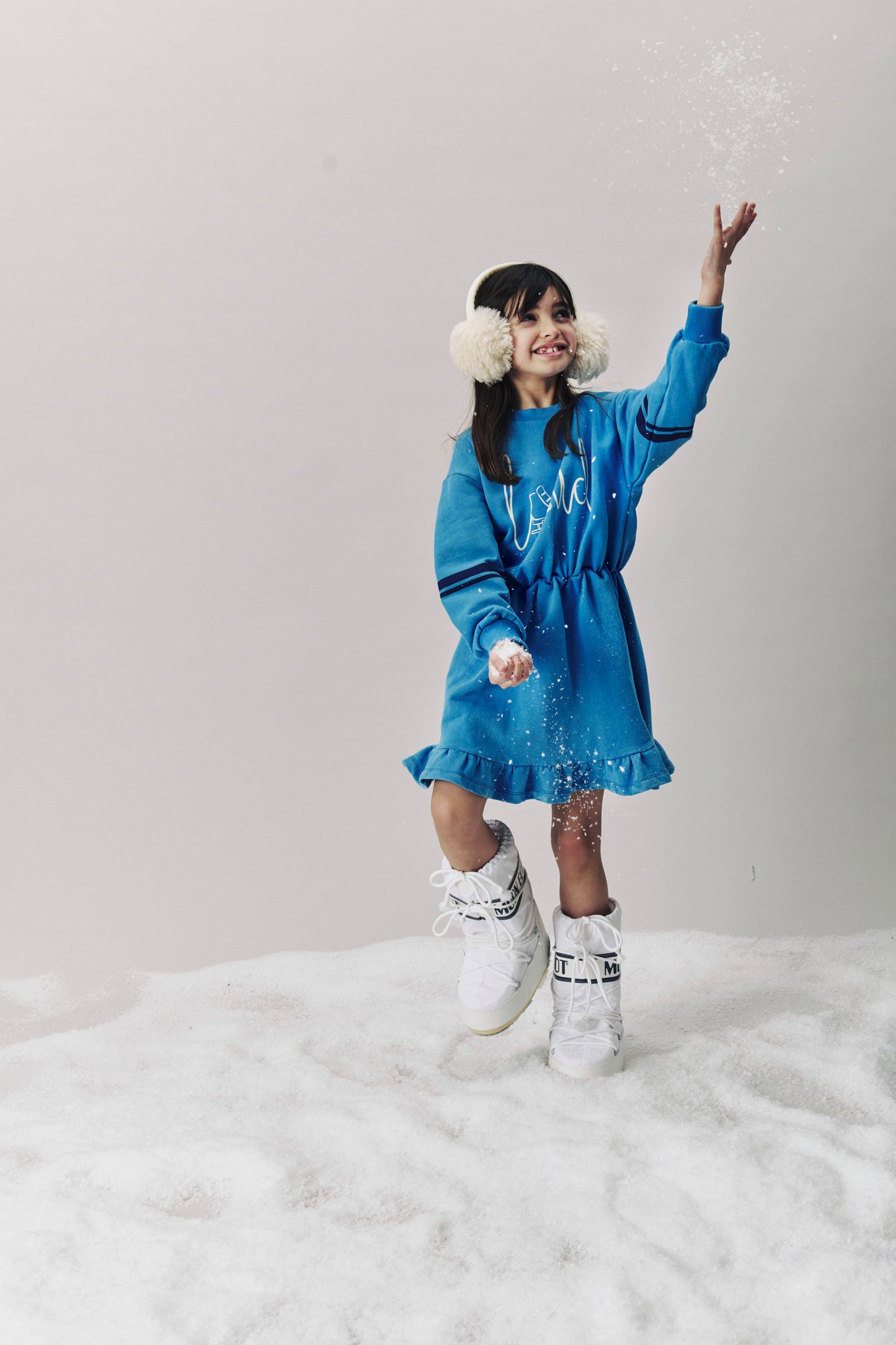 APRES -  MALIBU BLUE DRESS elastic waist Ruffle bottom Contrast stripe sleeve, LOUD SKATE print