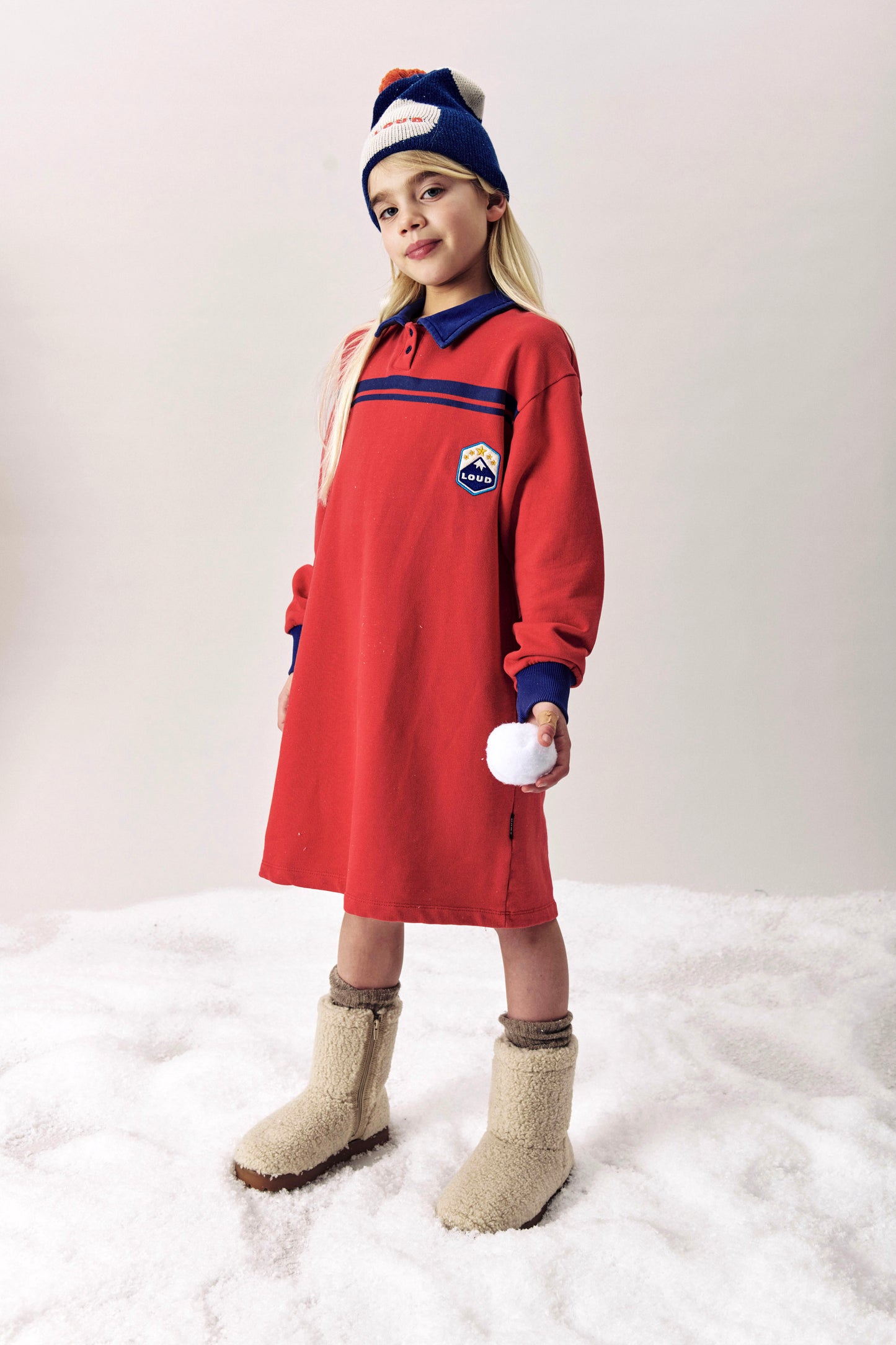 CLUB - RED WASHED POLO DRESS straight loose fit MOUNTAIN motif embroidery patch
