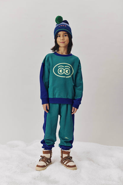 SLEIGH - GREEN/NAVY SWEATER relaxed fit, drop shoulder, sleeve colour block LOUD eyes logo print contrast