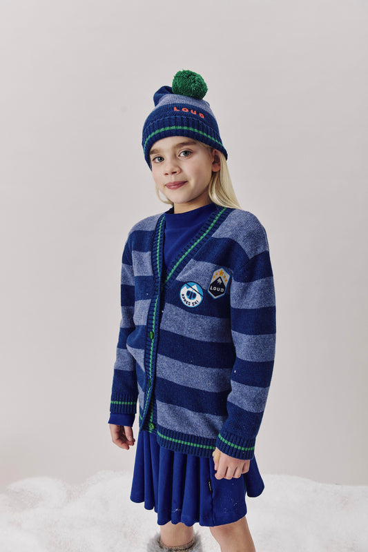 GSTAAD - NAVY STRIPE CARDIGAN relaxed fit, circle embroidery motifs patches