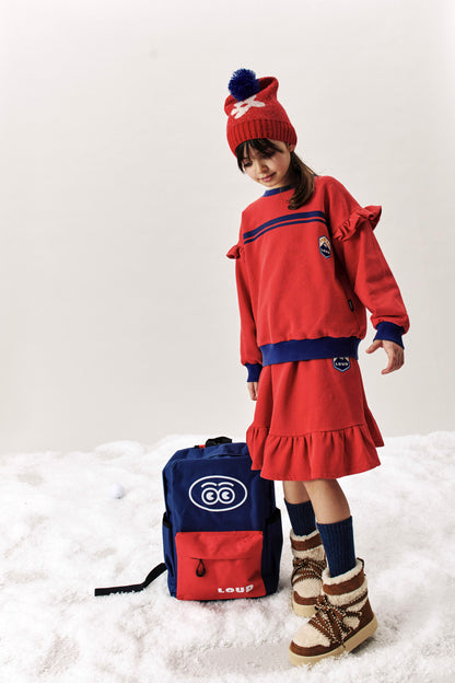 HOLIDAY - RED WASHED GIRL SWEATER relaxed fit, ruffle shoulder, MOUNTAIN embroidery patch