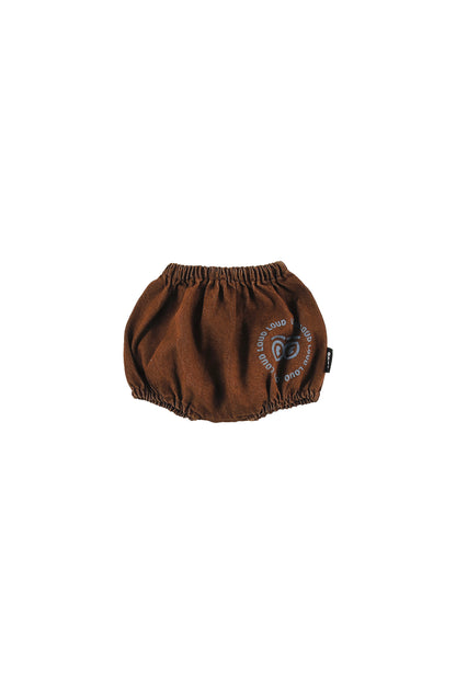 ASPEN - CHOCO Baby BLOOMERS relaxed fit, pull-on elastic waist, circle LOUD eyes logo print