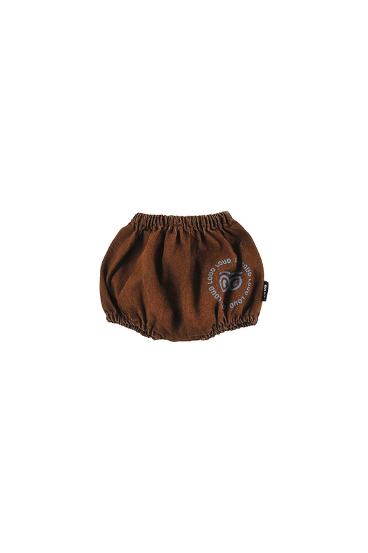 ASPEN - CHOCO Baby BLOOMERS relaxed fit, pull-on elastic waist, circle LOUD eyes logo print