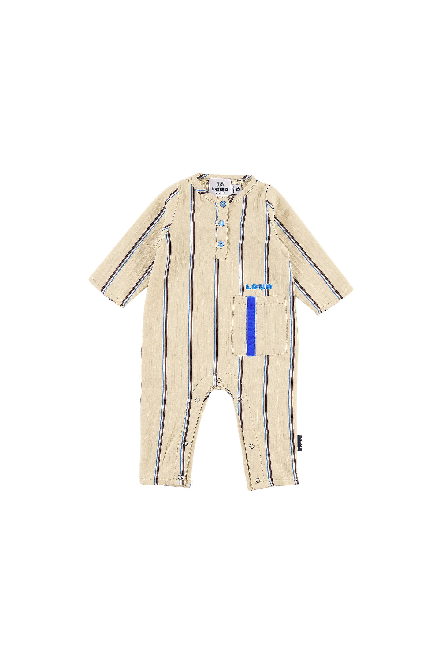 THRILL - NATURAL STRIPE Baby PLAYSUIT relaxed fit, front pocket, LOUD logo