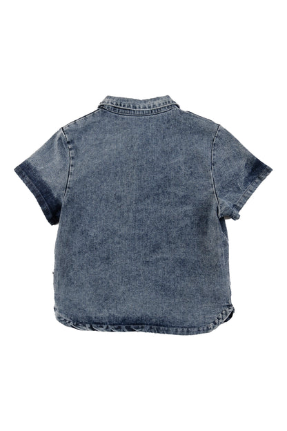 ONDA - Mid Blue Stoned Washed Denim Shirt Front Pockets