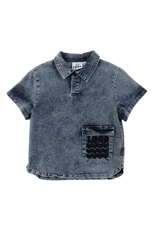 ONDA - Mid Blue Stoned Washed Denim Shirt Front Pockets