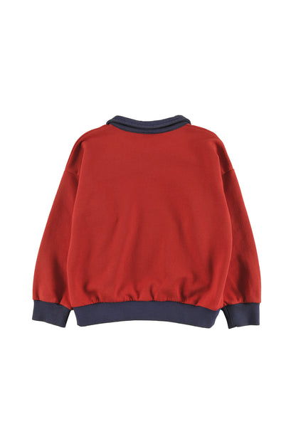 WINTER - RED WASHED POLO SWEATER relaxed fit drop shoulder, MOUNTAIN embroidery patch