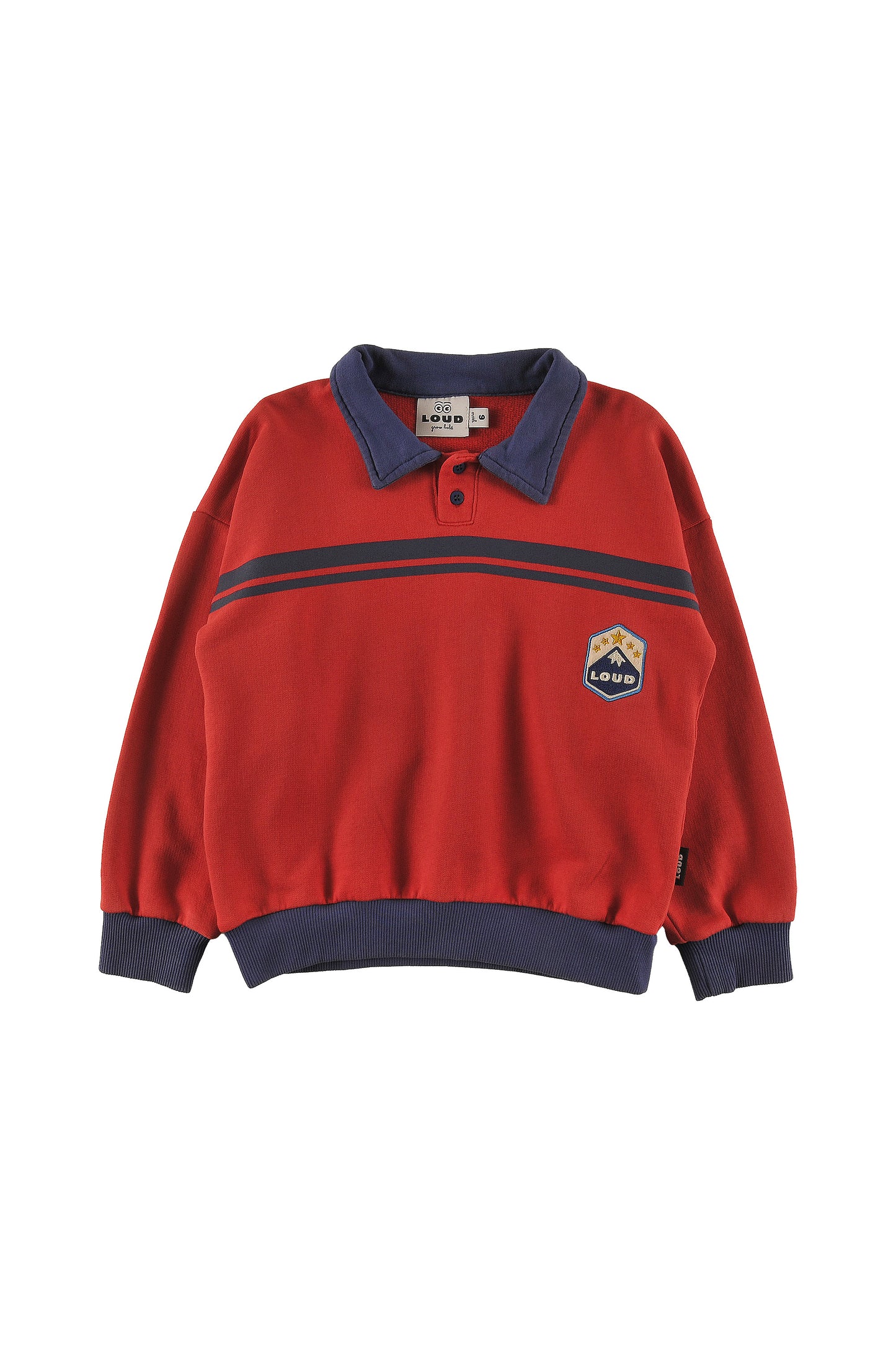 WINTER - RED WASHED POLO SWEATER relaxed fit drop shoulder, MOUNTAIN embroidery patch