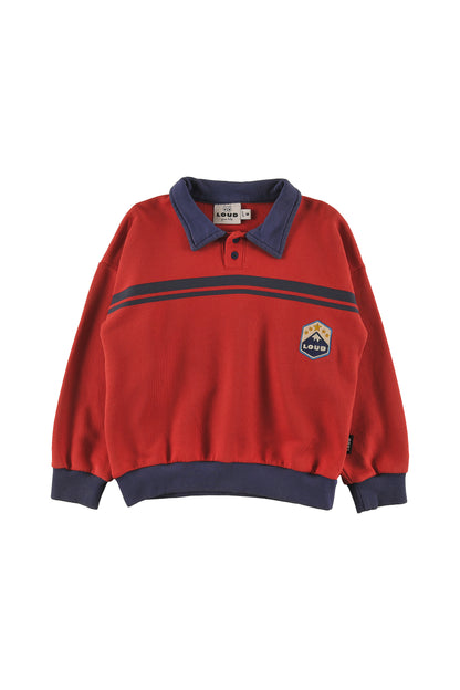 WINTER - RED WASHED POLO SWEATER relaxed fit drop shoulder, MOUNTAIN embroidery patch