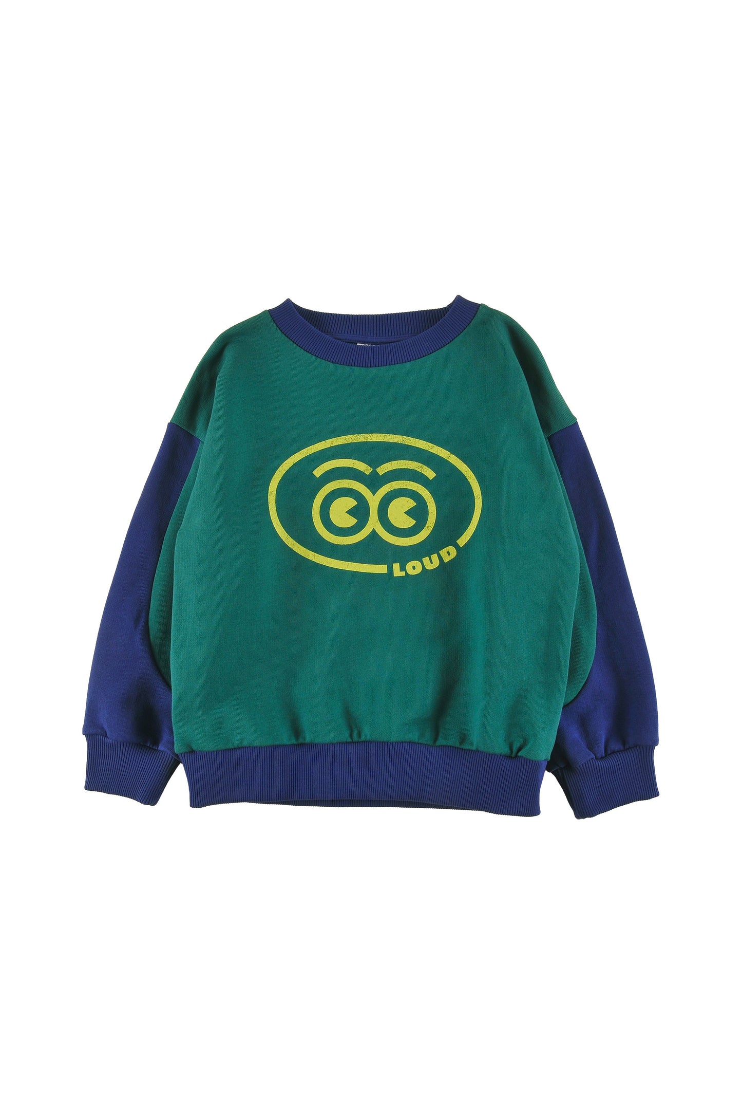 SLEIGH - GREEN/NAVY SWEATER relaxed fit, drop shoulder, sleeve colour block LOUD eyes logo print contrast