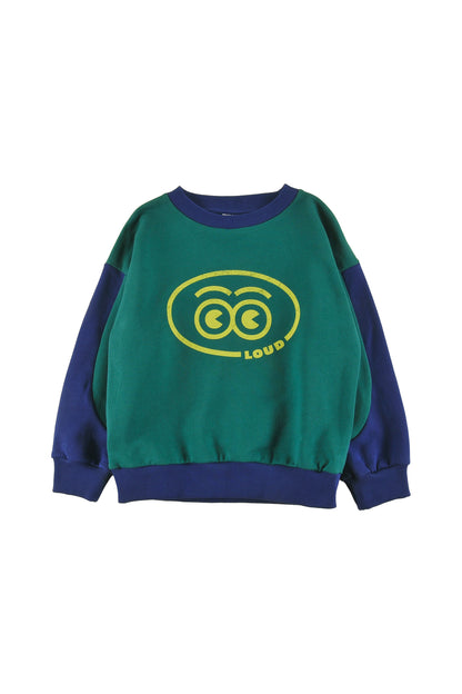 SLEIGH - GREEN/NAVY SWEATER relaxed fit, drop shoulder, sleeve colour block LOUD eyes logo print contrast