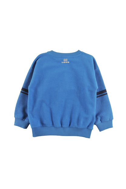 HIGH - MALIBU BLUE SWEATER relaxed fit drop shoulder, contrast stripe sleeve LOUD SKATE print