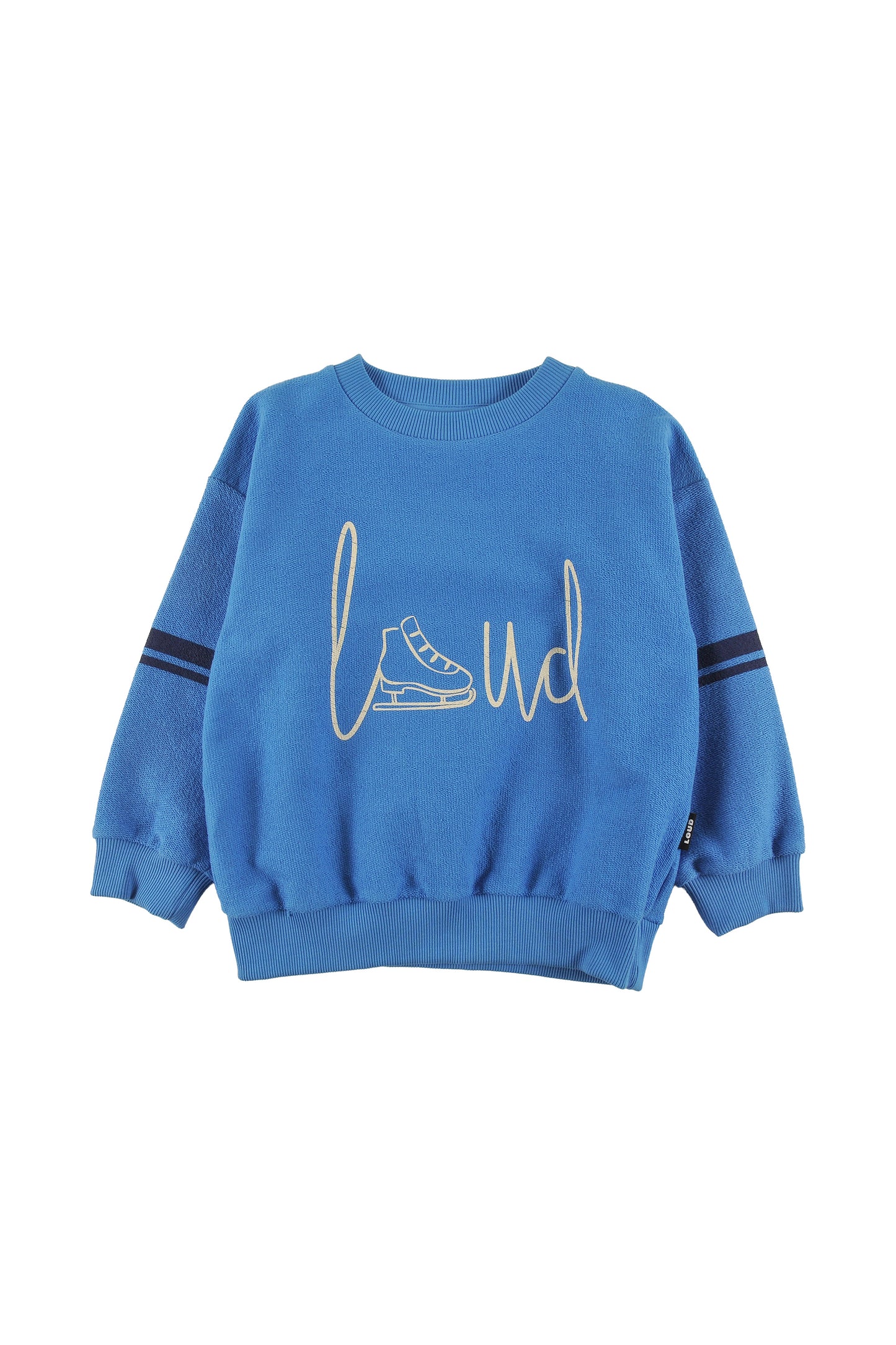 HIGH - MALIBU BLUE SWEATER relaxed fit drop shoulder, contrast stripe sleeve LOUD SKATE print