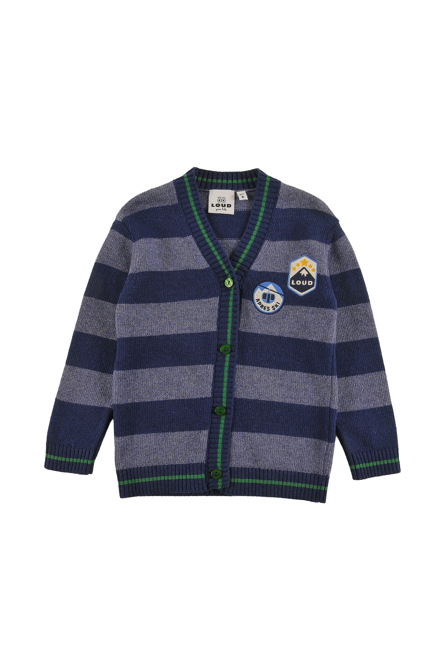 GSTAAD - NAVY STRIPE CARDIGAN relaxed fit, circle embroidery motifs patches